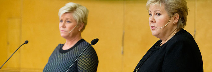 ENIGE: Politikerne er blitt enige om hvordan Norge skal bruke penger neste år. Statsminister Erna Solberg og finansminister Siv Jensen snakker om forslagene sine.